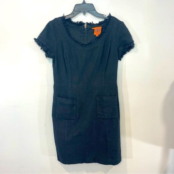 Tory Burch Black Tweed Fringe Hem Pocket Dress sz 2 - Picture 1 of 10